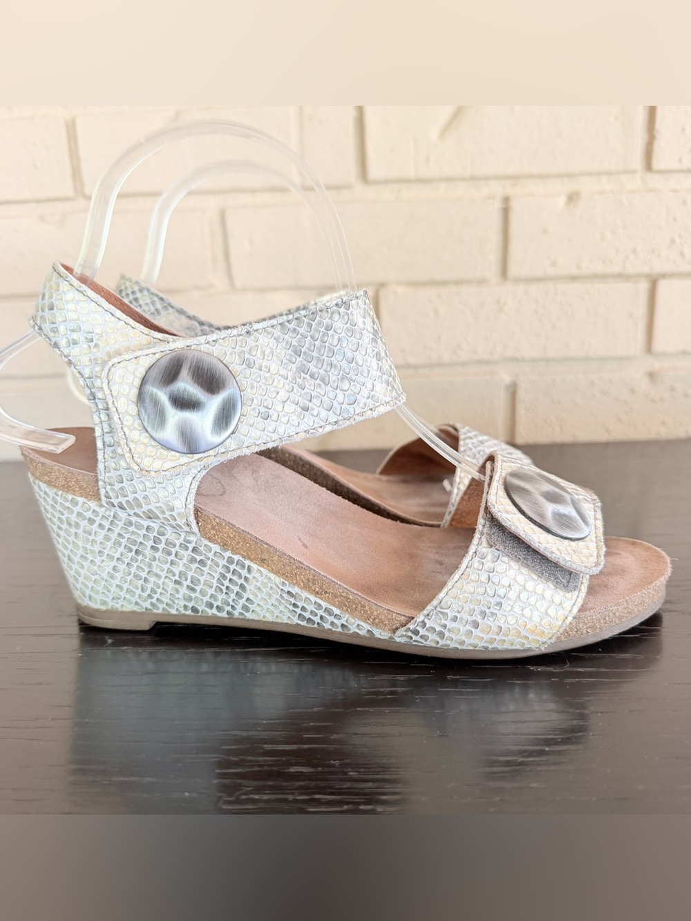 Taos Sandals Carousel Python Snake Print Leather Wedge Ankle Strap Sz 38 US 7.5